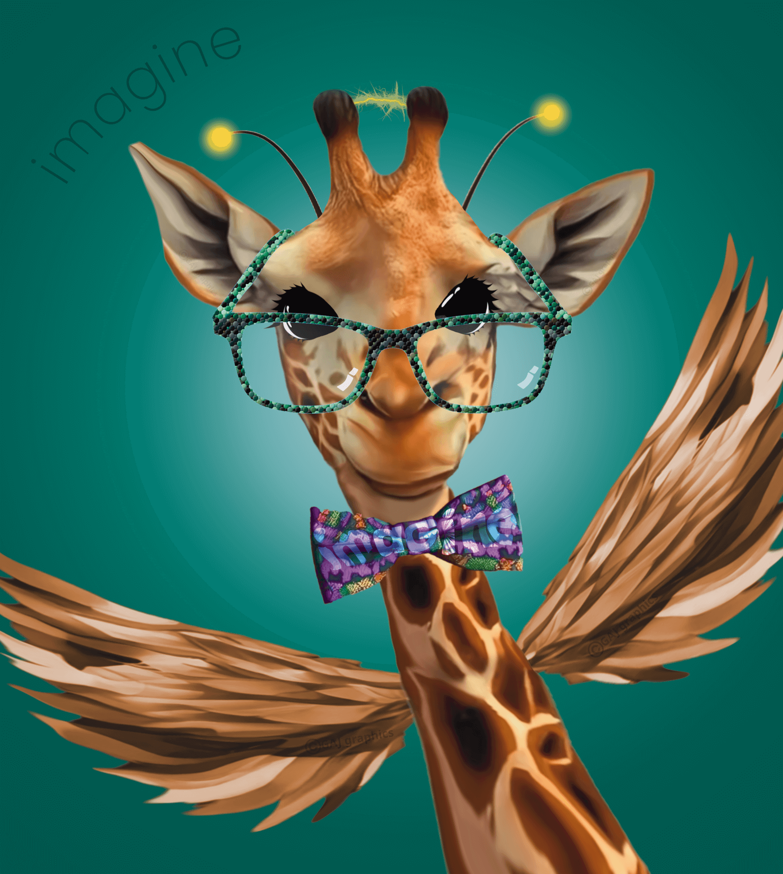 cartoon giraffe with glasses and bird wings